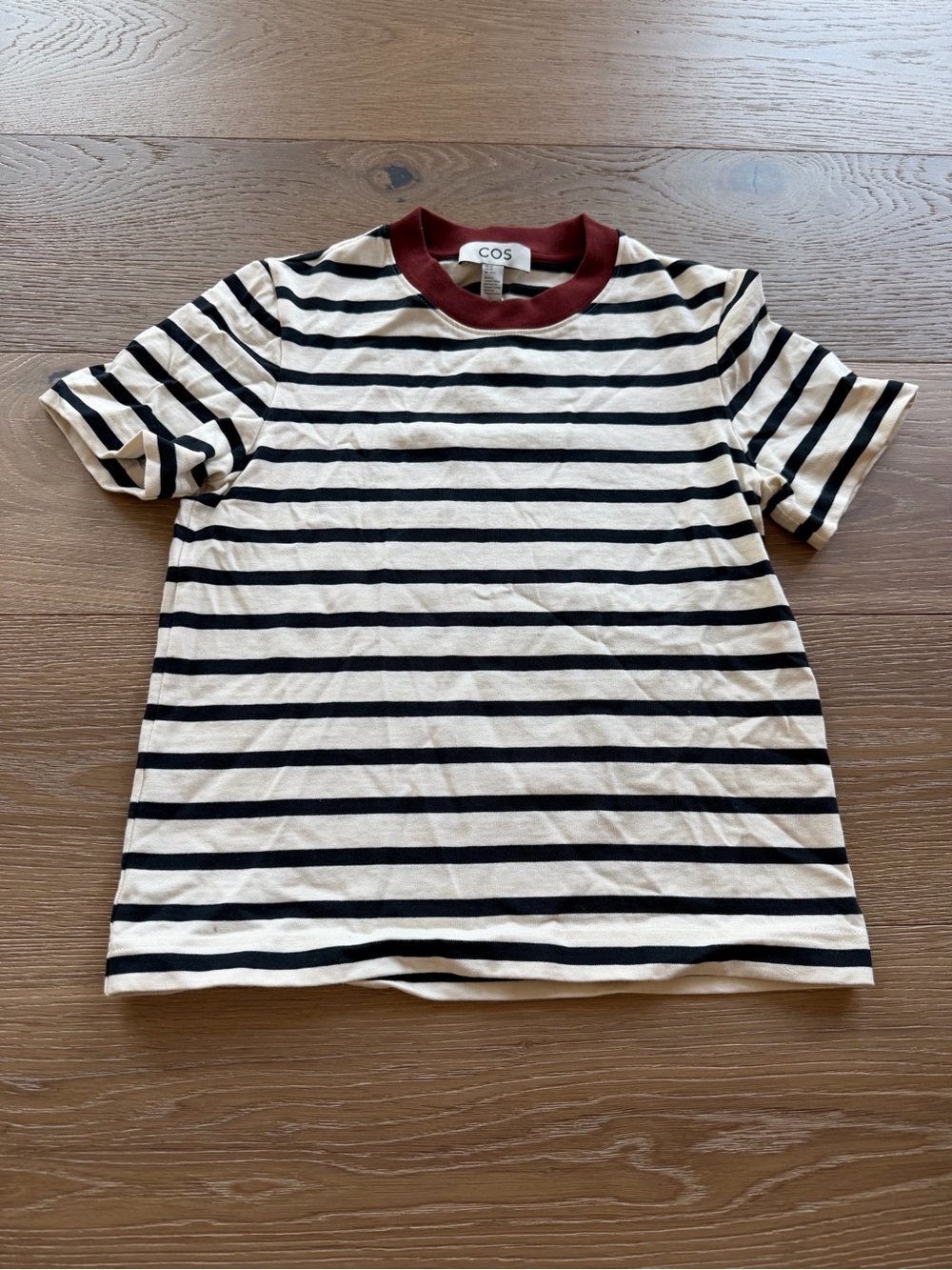 COS Cream & Black Stripe Tee with Burgundy Neck